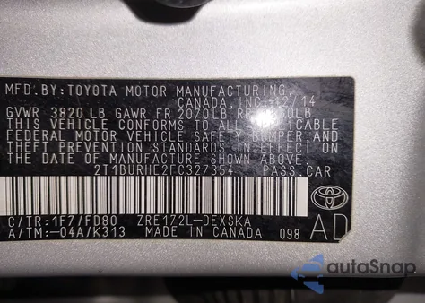 2015 Toyota Corolla S Plus из США, поврежденный, VIN 2T1BURHE2FC327354